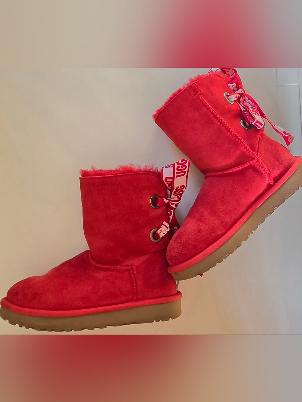 UGG Customizable Bailey Bow Mini Boots Ribbon Red Suede Shearling Logo 37 US 6